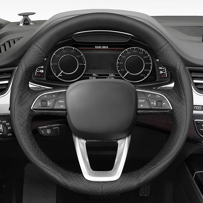 MEWANT Hand Stitch Steering Wheel Cover for Audi A3 S3 2022 A4 Allroad 2017-2021 A4 A5 RS5 S4 S5 2021-2022 Q3 Q8 2019-2022 Q5 SQ5 2018-2022 Q7 2017-2022 Black Embossed Faux Leather Interior Accessory