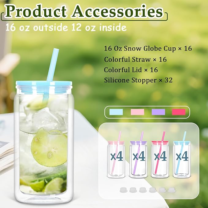 16 Oz Plastic Snow Globe Tumbler with Lid and Straw,16 Pack Double Wall Pre Drilled Plastic Mason Jar Cups Can for Snow Globe Glitter DIY Gift(Mixed Colors)