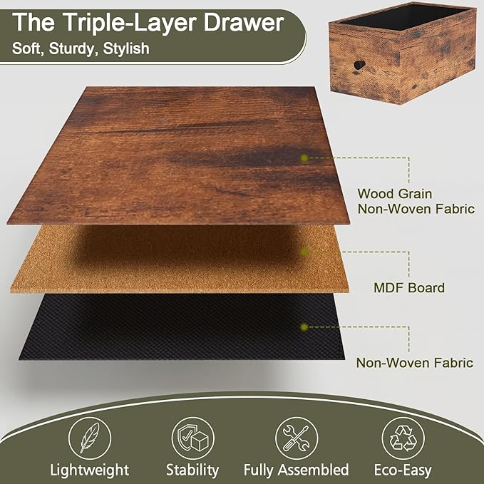 Narrow Nightstand with Charging Station, End Tables Living Room Set of 2, Skinny Side Table with Fabric Drawers, Small Sofa Table with LED Light for Bedroom, Rustic Brown, HETNDP02LPBR