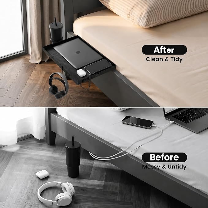 Bedside Shelf Metal, Metal Clip on Bedside Table Shelf for top bunk,Bedside Caddy for College Dorm Room Essentials for Guys(Black)