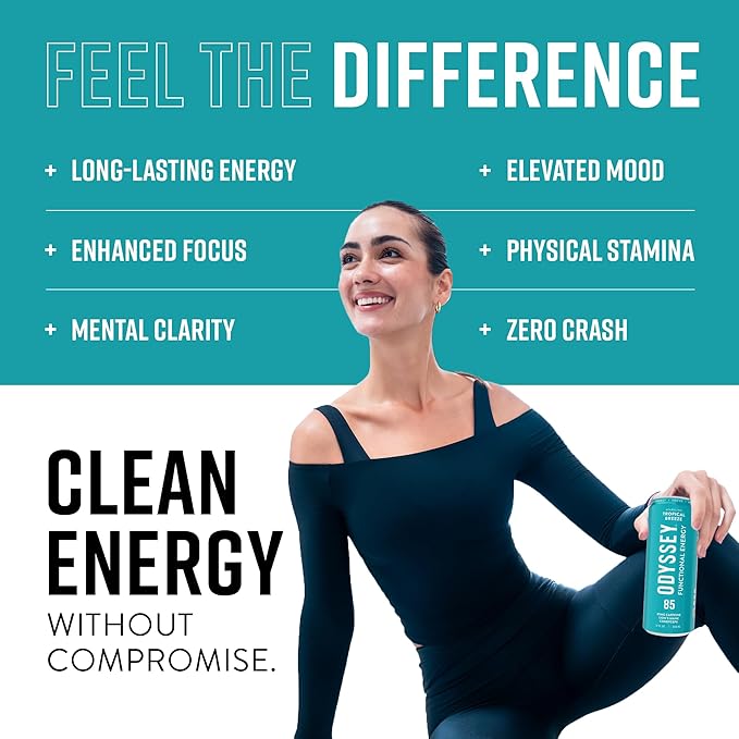 Odyssey Functional Energy Drink for Focus, Cognition & Mood Support 12 Pack - Adaptogenic Drink with 85mg Green Tea Caffeine, Lion’s Mane, Cordyceps, L-Theanine & Ginseng, Sparkling Tropical