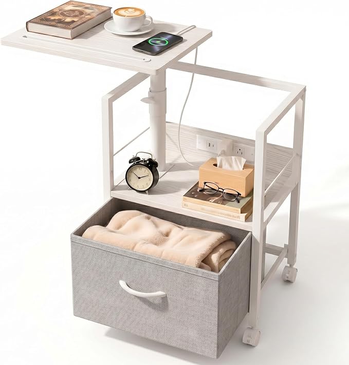 Faesun Swivel Lift Top Nightstand with Charging Station, Rolling Side Table for Recliner, Bedside Table with Wheels & a Fabric Drawer, for Small Spaces, for Bedroom, Living Room, White Gray