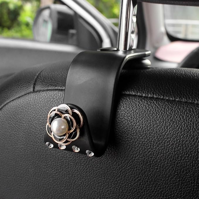 Bling Car Seat Headrest Hook, 2PCS Crystal Rhinestone Vehicle Purse Bags Holder, Diamond Automotive Interior Backseat Storage Hanger Accessories, Universal for SUV, Sedan, Truck (Black)