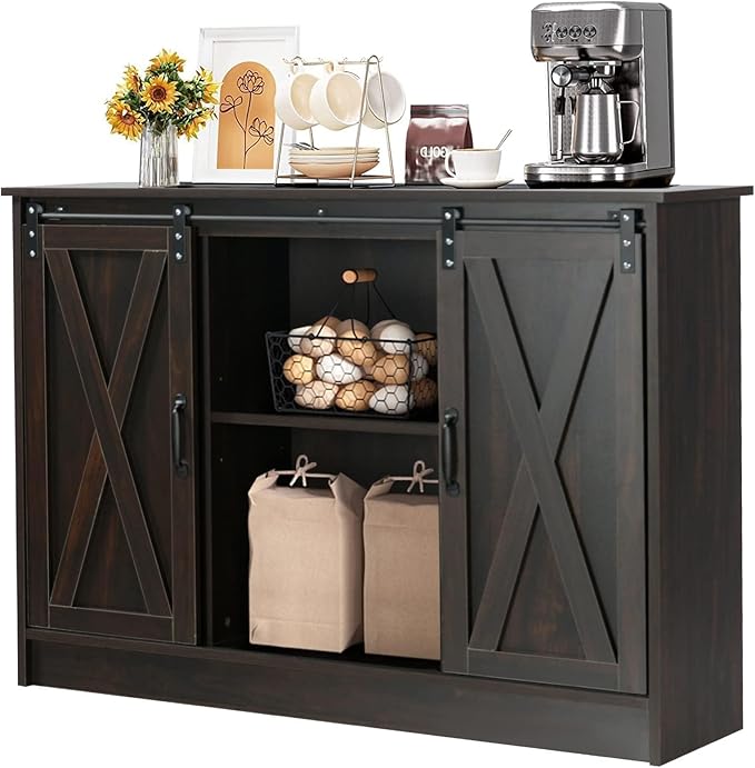 4 EVER WINNER Coffee Bar Cabinet with Sliding Barn Doors, 42” Sideboard Buffet Cabinet with Storage, Farmhouse Coffee Bar Station Table Liquor Wine Bar with Shelves for Kitchen, Espresso
