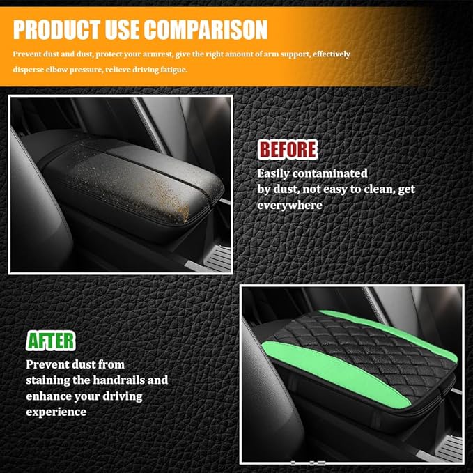 Car Center Console Cover, Leather Waterproof Armrest Seat Box Cushion Pad, Universal Decor Protector Mat, Comfortable Car Decor Accessories Fit for Most Cars, Vehicles, SUVs (Green)