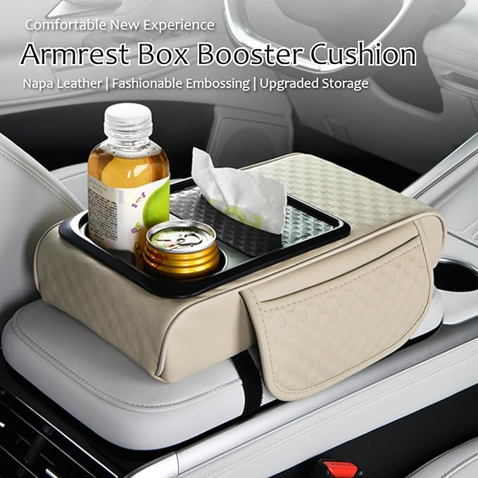 Car Center Console Armrest Pad, Arm Rest Box Cushion with Ergonomic Height Boost, Storage Pockets, Built-in Tissue Box, Cupholder, Fit for Most Sedan Vehicles (Embossing Checkerboard, Orange)