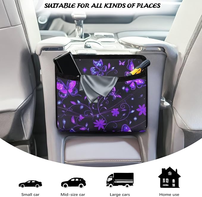 Purple Butterfly Universal Car Side Pocket Organizer, Car Pocket Pouch for Cars Seat, Door, Window, Console, Multifunctional Cars Organizer Accessories for Phone Sunglasses Keys Cards