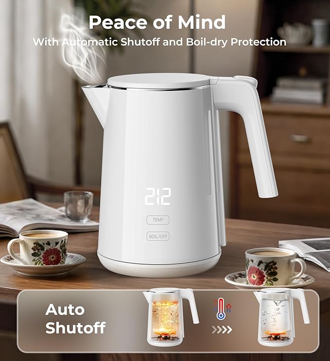 Electric Kettle, 1.0L Fast Boiling with 7 Temperature Settings, Auto Shut-Off & Boil-Dry Protection, Stainless Steel Interior, 4 Hour Keep Warm, Cool Touch Double Wall, Perfect for Coffee & Tea, White
