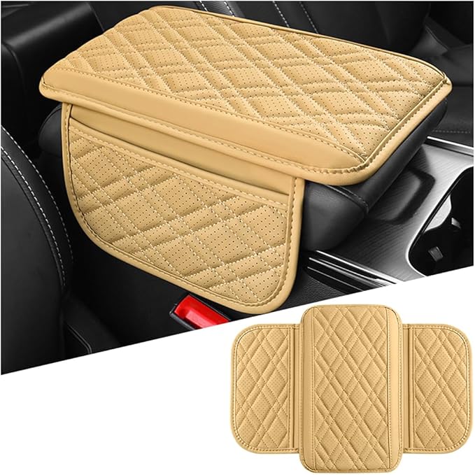 Mandark Car Center Console Cover, 2PCS Leather Vehicle Arm Rest Cushion with 2 Storage Bags, Automotive Armrest Interior Seat Box Pad Accessories, Universal for SUV, Sedan, Truck (Beige)