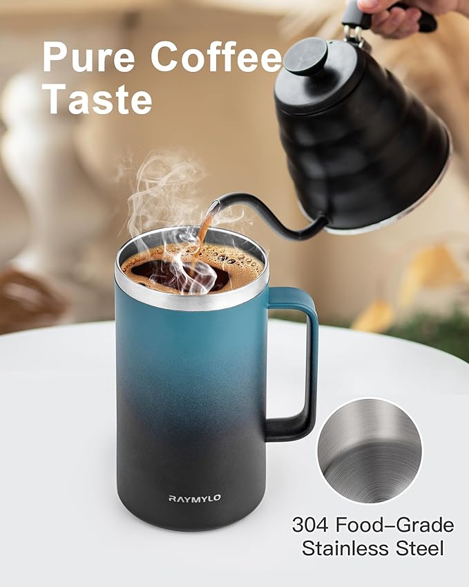 Insulated Coffee Mug 24 oz, Double Wall Stainless Steel Coffee Mug with Lids, Leak-Proof & Detachable Slider Lid for Thorough Clean, Keeps Coffee Cold for 9 Hrs, Suitable for Camp Home Office