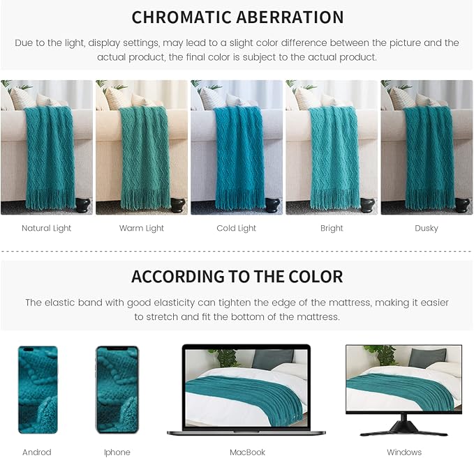 BOURINA Teal Throw Blanket 50 x90 Inches Throw Textured Solid Soft Sofa Throw Bed Runner Couch Cover Knitted Decorative Blanket Bed Runner