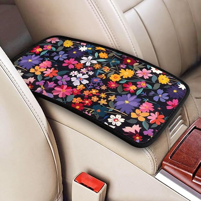 Car Center Console Cushion Pad Red Floral Armrest Seat Box Cover Protector Boho Hippie Flower Comfortable Decor Accessories for Most Cars, Vehicles, SUVs Daisy Pink Arm Rest Lid Covers