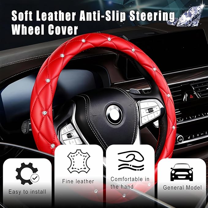 Diamond Leather Steering Wheel Cover Women, Girly Bling Steering Wheel Cover, Sparkly Non-Slip Soft, 15 Inch Interior Accessories for Women Girls Vehicle, Red
