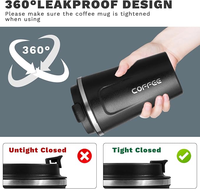 YINBAOGE Insulated Travel Coffee Mug, Spill & Leak Proof, Portable To Go Camping Stainless Steel Coffee Tumbler, Reusable Thermal Coffee Cup with Lid for Hot & Cold Drinks (2nd-Black, 12 OZ)