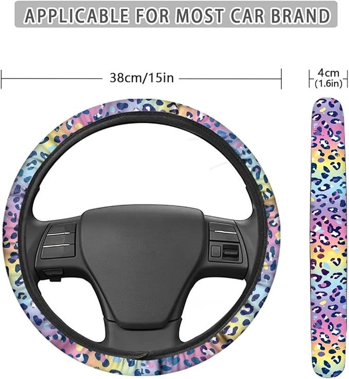 Universal Non-Slip Steering Wheel Cover, 15-inch Polyester Material Driving Accessories, Adjustable for Car and Truck(Dreamy Color Leopard)