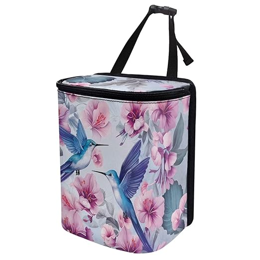 Hanging Hummingbird Car Trash Can Bin with LidFloral Hummingbird Vehicle Garbage Can Leak Proof Hanging Car Rubbish Bags Automotive Organizer Accessory for Back Front Seat