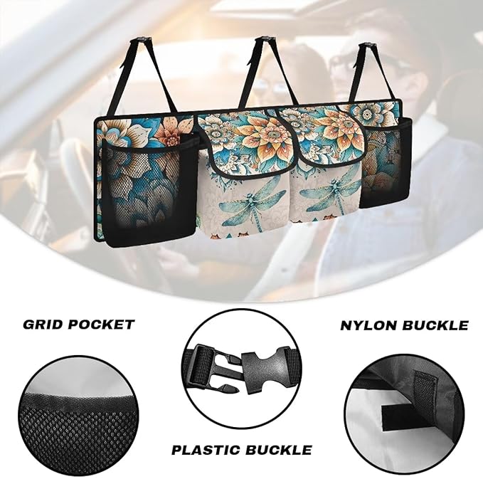 Dreaweet Boho Dragonfly Trunk Organizer for Car Women Collapsible Car Organizer and Back Seat Storage Hanging Portable Trunk Organizer SUV Storage Car Accessories for Trucks Minivan