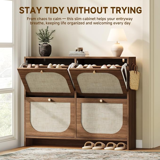 Nicetree Shoe Cabinet Storage for Entryway, Narrow Shoe Organizers with 4 Flip Drawers, Freestanding Large Shoe Rack with 3-Tier Adjustable Shelves for Hallway Entryway Foyer