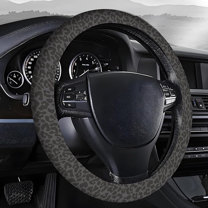 Steering Wheel Covers for Car, Truck, and SUV, Cute Non-Slip Breathable Elastic Steering Wheel, Car Accessories, Universal 15 Inch Leather Cover for Men Women Black Leopard