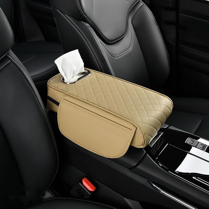 Car Arm Rest Cover Pad for Ford Maverick 2022 2023 2024, Leather Memory Foam Center Console Cushion with 2 Storage Bags and a Tissue Box Universal Car Interior Accessories,E/Beige