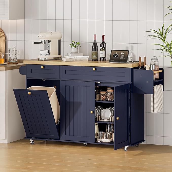 ONBRILL 60" Kitchen Island with Power Outlet & Drop Leaf, Mobile Storage Island with Spice Rack & Towel Rack, 4 Levels, Blue