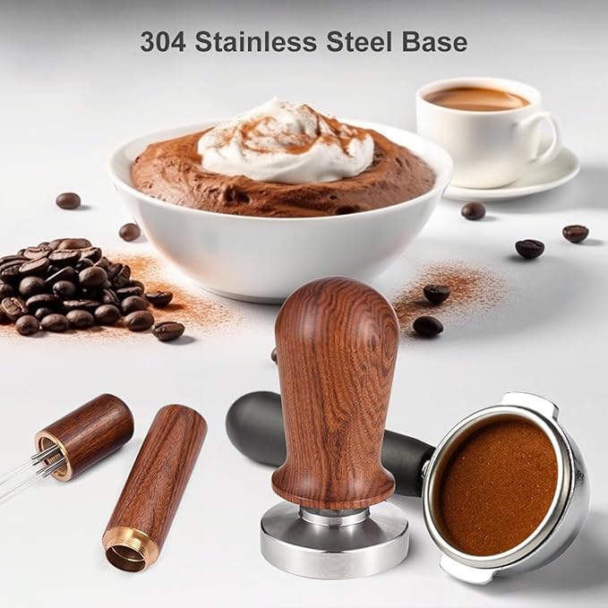 51mm Espresso Tamper & Stirrer Set Coffee Calibrated Tamper with Excellent Quality Spring Loaded Flat 304 Stainless Steel Base Barista Wooden Handle Press and WDT Tool for Espresso Machine Accessories