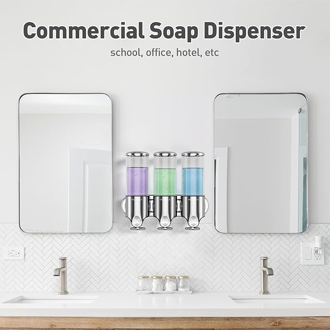Secura Triple Wall Mounted Soap Dispenser, 3 x 17 fl oz Shampoo and Soap Dispensers Perfect for Home & Kitchen (Stainless Steel)