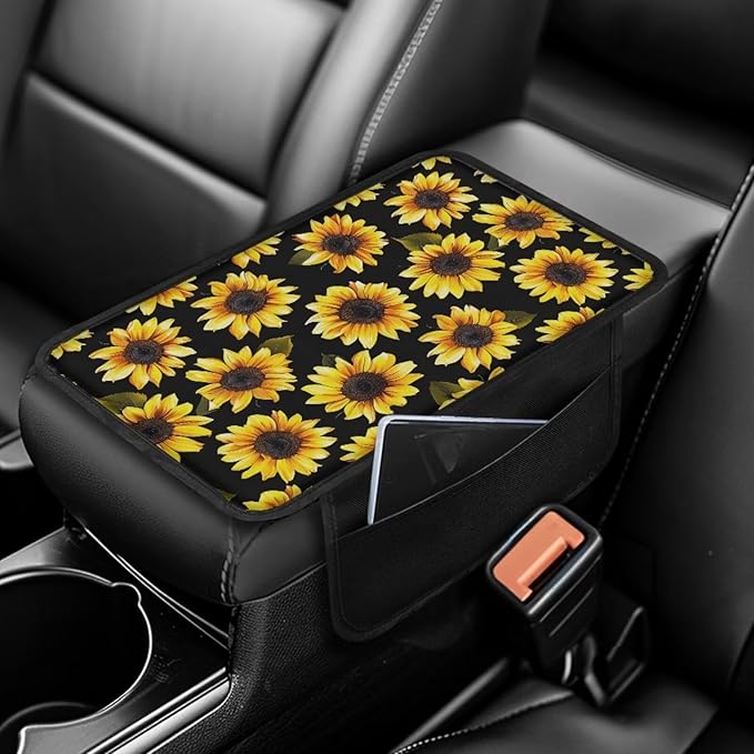 BIGCARJOB Sunflower Car Center Console Cover with Side Storage Auto Interior Accessories Cute Sunflower Print Car Armrest Seat Box Cover Cushion Universal Car Armrest Organizer