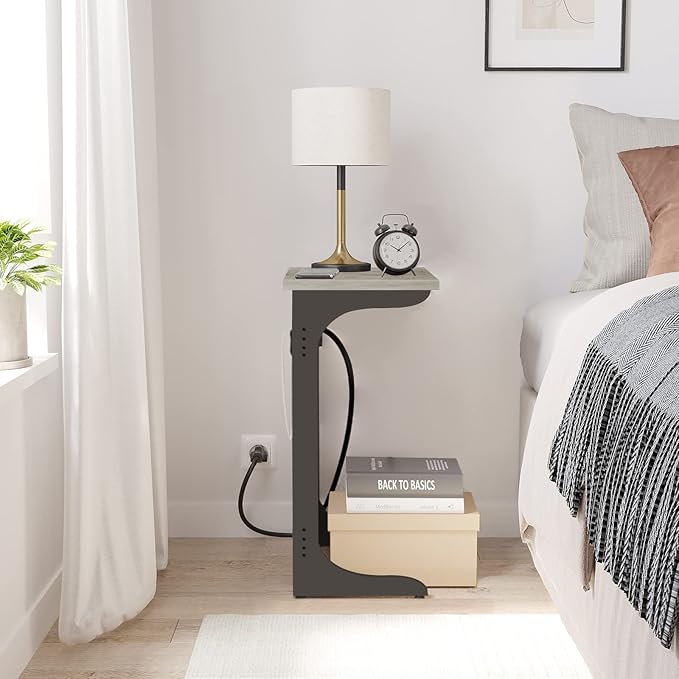 TUTOTAK C Shaped End Table with Charging Station, Side Table, Couch Table for Small Spaces, Tv Tray Table with 2 USB Ports and Outlets, Living Room, Bedroom TB01BG044