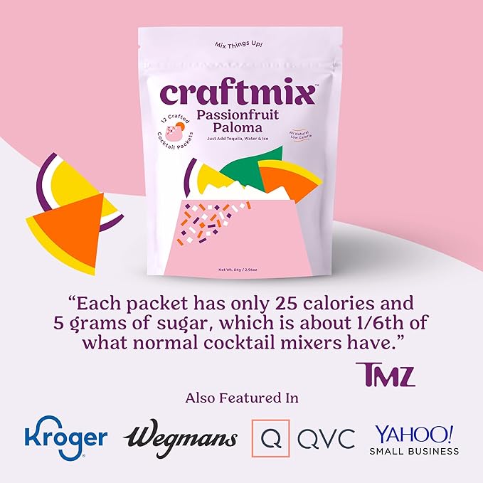 Craftmix Passionfruit Paloma Cocktail & Mocktail Drink Mixer, Skinny Mixes - Water Flavoring Packets - Made With Real Fruit - Vegan, No-Carb, No-Sugar, Non-GMO, Dairy Free, Gluten Free, 12 Pack