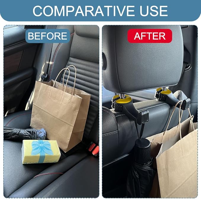 2PCS Car Headrest Hidden Hook, Bag Holder for Car, 2 in 1 Auto Seat Hooks with Phone Holder, 360° Rotation Adjustable Vehicle Back Seat Storage Hanger for Purses and Bags (Gold)