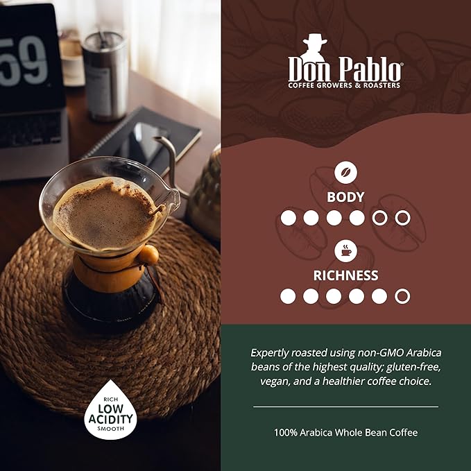 Don Pablo Signature Blend - Limited Edition Dark Roast Gourmet Coffee, 100% Arabica Whole Bean, Non-GMO, Low Acidity, 5 Pound (5 lb) Bag