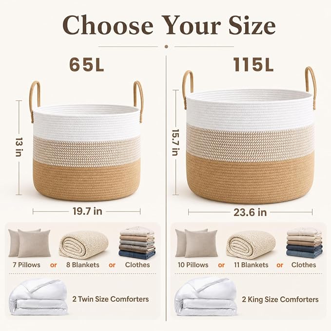 JMvicyroam 115L Extra Large Blanket Basket for Living Room - Woven Cotton Rope Laundry Hamper with Reinforced Handles - Storage Bin for Pillows, Comforters & Toys - Machine Washable,White&Jute Mix