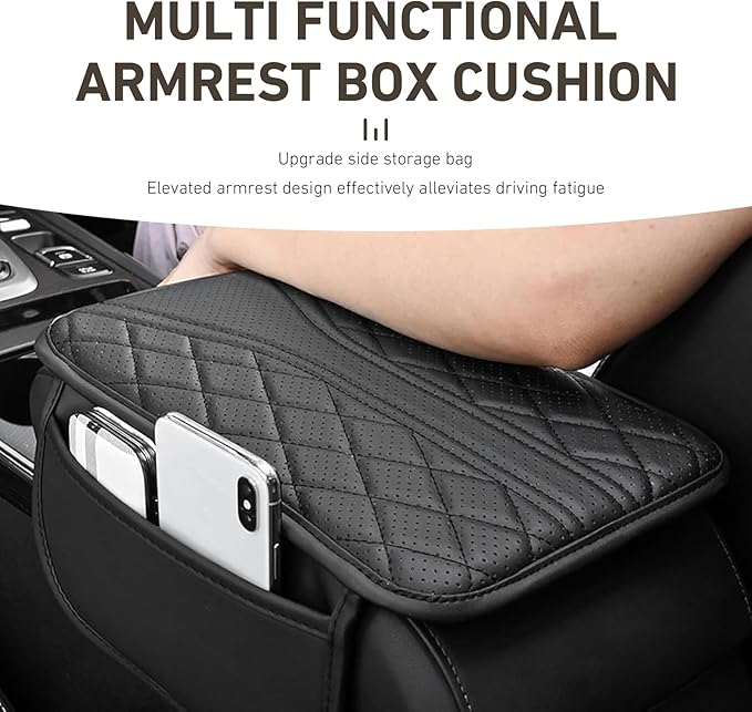 Car Center Console Cover, Leather Arm Rest Cover with Storage Bags, Multi-Functional Armrest Storage Box pad, Universal Interior Accessories for SUV, Sedan, Truck (Grey)
