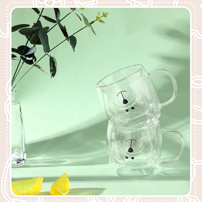 Patelai Cute Bear Tea Cup Double Wall Glass Milk Coffee Bear Mug with Handle Insulated Espresso Christmas Beer Cup Cute Birthday Gift for Women Men Valentine, 250 Ml/ 8. 4 oz(White,2 Pieces)