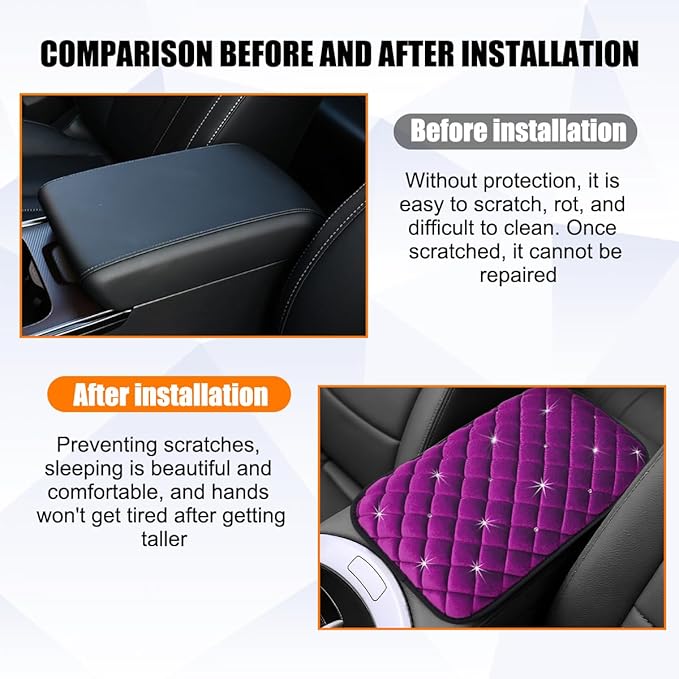 Car Center Console Cover, Crystal Rhinestone Fluffy Soft Vehicle Armrest Seat Box Cushion Pad, Automotive Interior Middle Console Protector, Universal for Automobile RV Truck (Purple)