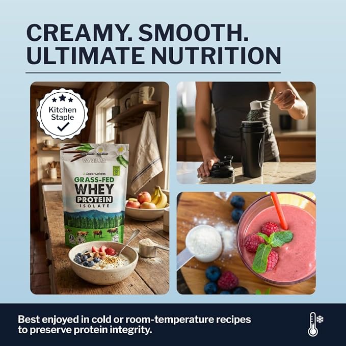 Opportuniteas Grass Fed Vanilla Whey Protein Isolate Powder - 22g Protein Powder Without Artificial Sweeteners, Hormone-Free Cows, Non GMO - 2.5lb