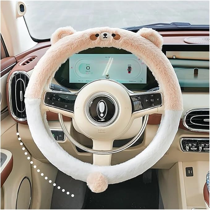 Cute Winter Plush Steering Wheel Cover - Non-Slip Warm Handlebars Decoration for Cars(Acyclic Beige JIU)
