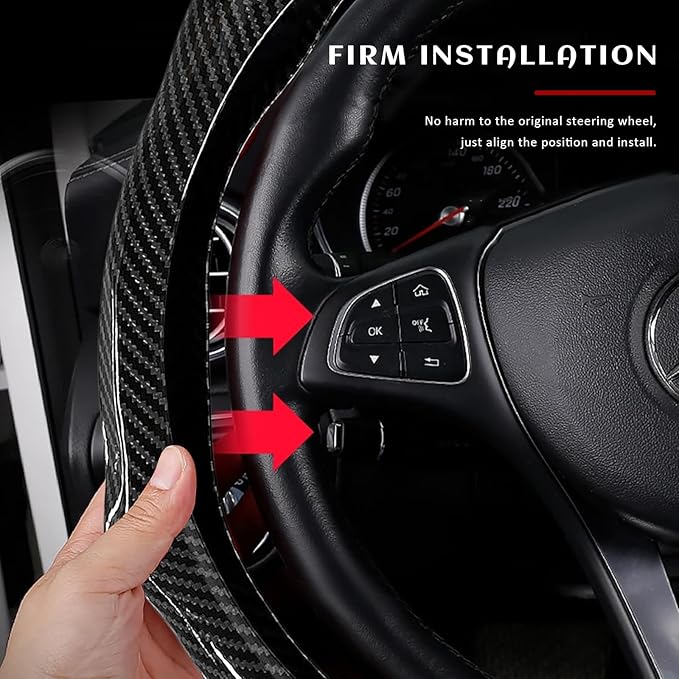 Sun Walker Carbon Fiber Car Steering Wheel Cover, 15" Anti-Slip Wear-Resistant Steering Wheel Protector Stylish Interior Decor, Ultra-Thin Comfortable Leather Wheel Cover for Women Men (Black)