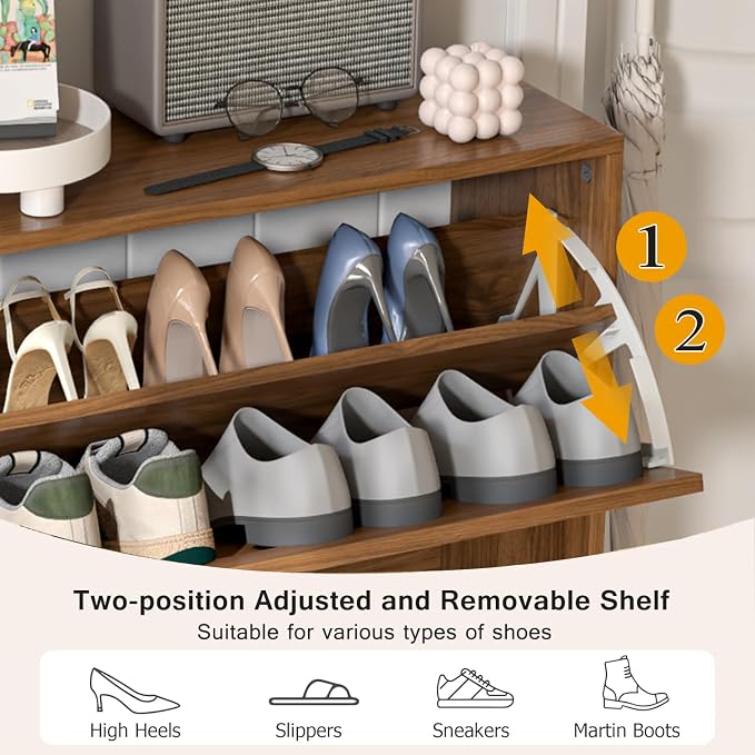 Fsbecl Shoe Storage Cabinet for Entryway with 2 Flip Drawers, Narrow Wood Shoe Cabinet with Fluted Panel, Freestanding Hidden Shoe Organizer for Foyer, Hallway (Walnut)