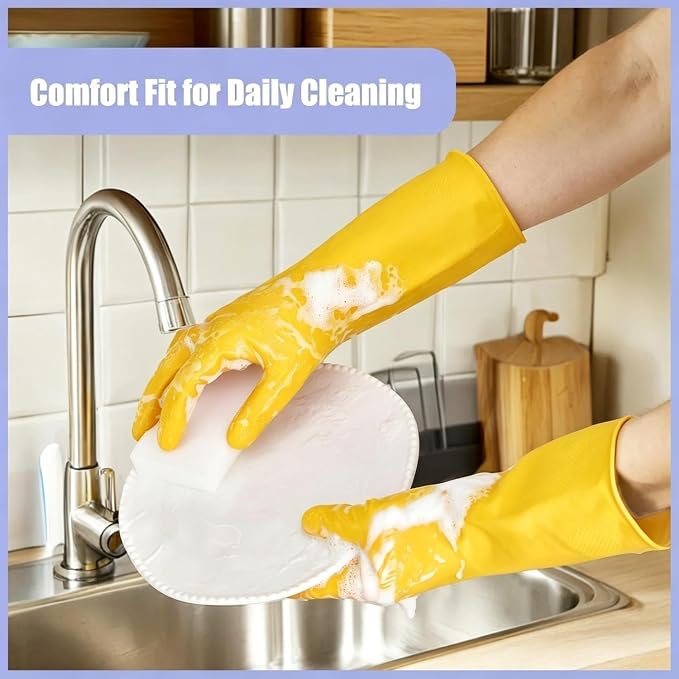 Rubber Kitchen Dishwashing Gloves - 4 Pairs Colorful Reusable Cleaning Gloves for Kitchen Washing Dishes and Household Cleaning(Large, Yellow+Blue)