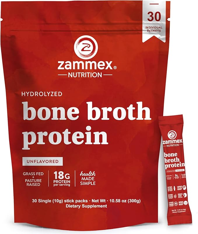 Zammex Bone Broth Packets-18g Collagen Protein-Beef Bone Broth Powder to Go-30 Travel Stick Packets-Supports Skin Nails Joints, Gut Health | Gluten-Free |Keto & Paleo Friendly (15 Servings)