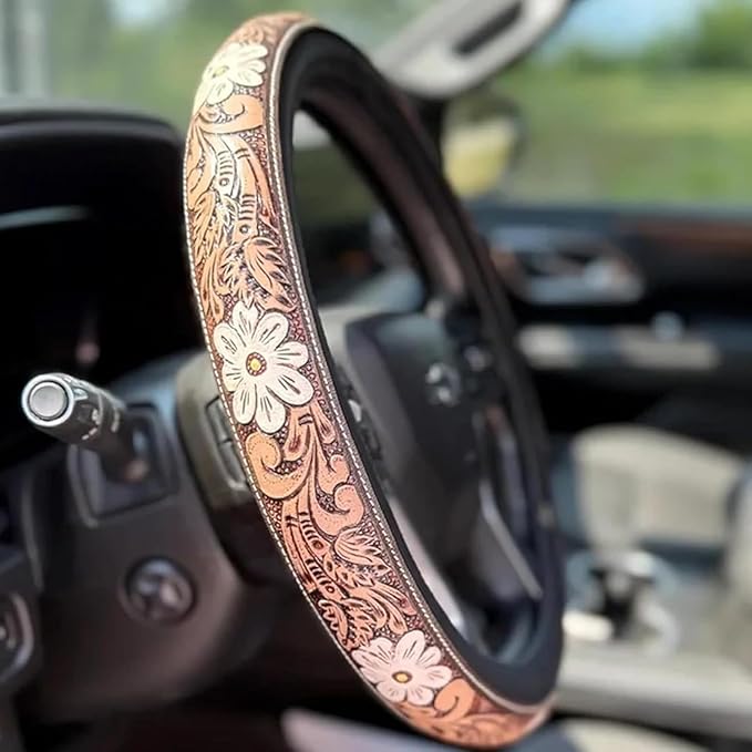 Retro Western Cowboy Car Universal Steering Wheel Cover – Western Steering Wheel Cover for Men & Women - 15 Inch Embossed Leather Anti-Slip Grip–Universal Fit for Truck, SUV, Car (C)