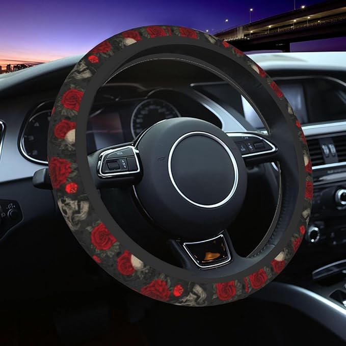 Halloween Skull Steering Wheel Cover Elastic Non-Slip Car Steering Wheel Covers with Seat Belt Shoulder Pad for Women Men