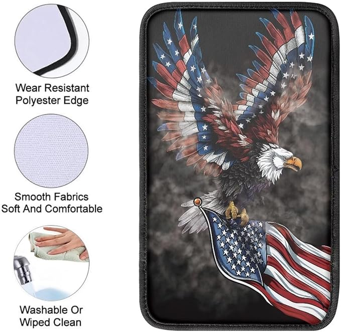 American Flag Center Console Cover American Eagle Armrest Cover Cushion Soft Waterproof Armrest Seat Box Cover Protector for Most Vehicle SUV Truck Car
