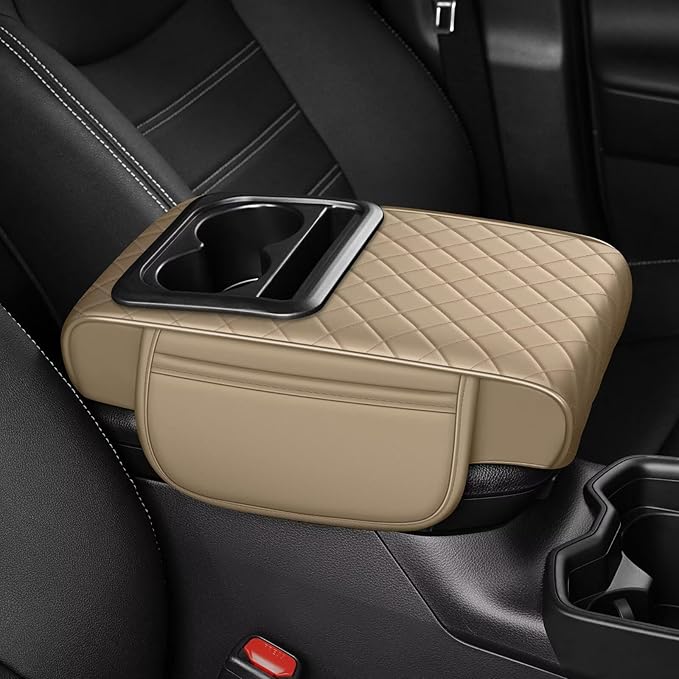 Center Console Cover Fit for Highlander Faux Leather Car Armrest Cushion with Storage Bags, Cup Holder ＆ Phone Storage Multifunctional Middle Console Cover(Beige)