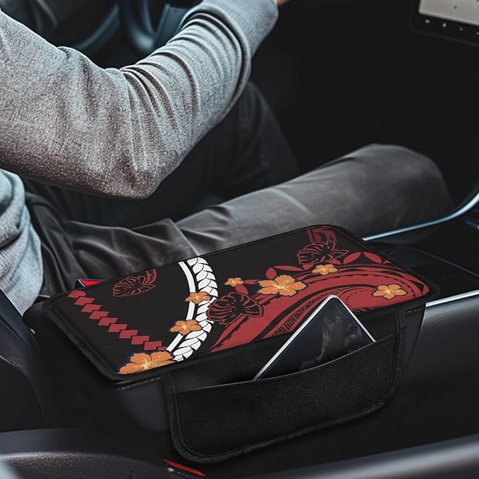 CLOHOMIN Red Polynesia Car Armrest Storage Box Pad Orange Hibiscus Center Console Armrest Cover for Most Vehicles Easy to Install Auto Armrest Covers Accessories with 2 Storage Pockets