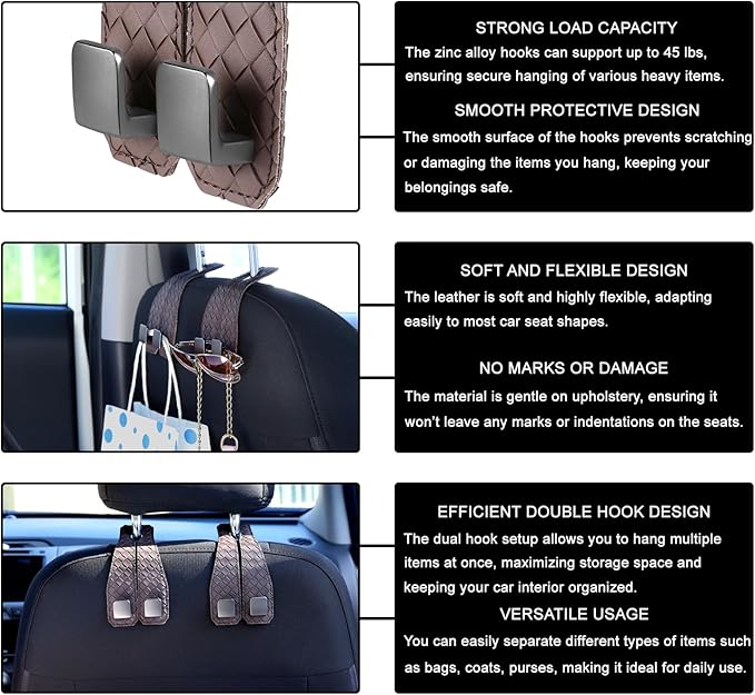 2 Pack Car Seat Headrest Hooks, Nappa Leather Car Back Seat Hangers for Purses and Bags, Woven Design with Double Dual Zinc Alloy Hooks for Car Organization and Storage (Dark Taupe)
