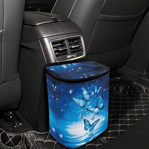 Blue Butterfly Car Trash Can Leak Proof Hanging Garbage Bin for Back Seat Easy to Install Vehicle Trash Can Hanging Fashion Auto Interior Universal Fit Truck Automotive Most Cars