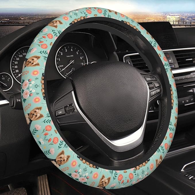 Dogs Flower Art Universal Fit Steering Wheel Cover for Car, Truck, and SUV, Durable Steering Wheel Protection